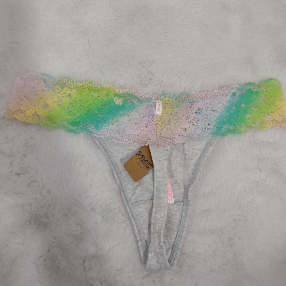 NWT PINK VS Grey Pastel Ombre Rainbow Floral Lace Waist Thong Size Large - Picture 2 of 4